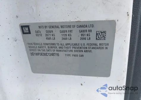 2012 Chevrolet Impala Ls из США, поврежденный, VIN 2G1WF5E36C1248716